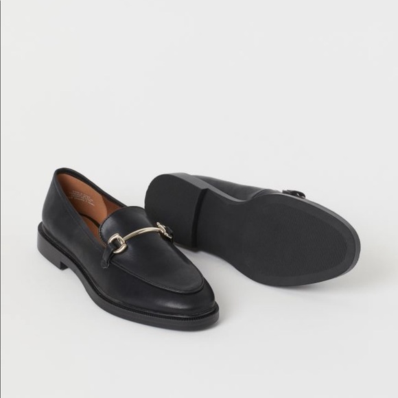 H&M Genuine Leather Black Loafers Gold Buckle Size 39 NWT